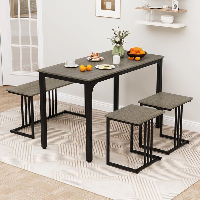 Giantex 4-Piece Dining Table Set for 4, Modern Kitchen Table and Chairs, Nesting Furniture Set with Bench & 2 Stools, Space-Saving Desk Set, Dinette Set for Small Place, Dining Room Restaurant (Grey) - Image 2
